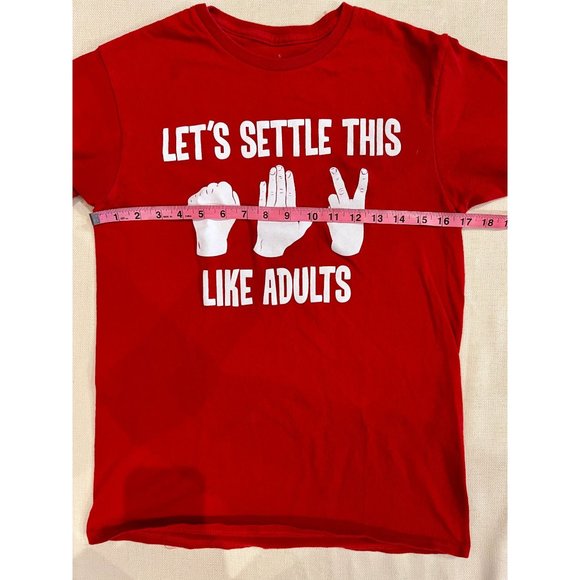 Let's Settle This Like Adults Rock Paper Scissors Graphic Red T-Shirt Crew Neck - Picture 3 of 10